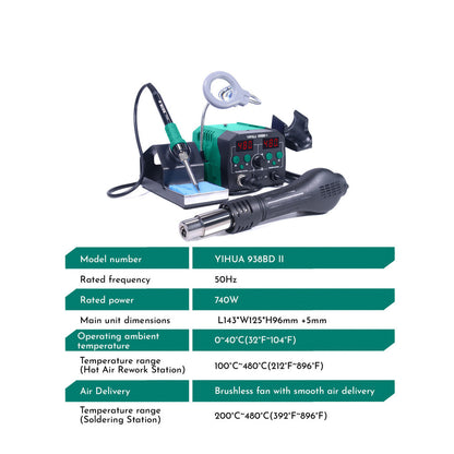 Yihua 938BD-II 2-in-1 Soldering Station and Hot Air Rework Station with Magnifier